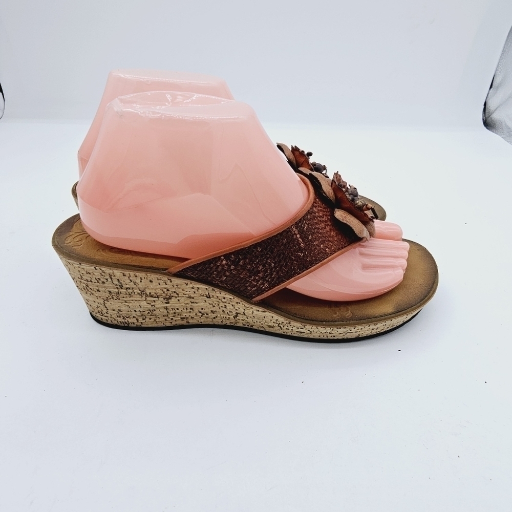 Clarks Brown Raffia Flower Mimmey Claire Cork Wedge Slide Thong Sandals Size 8M - Picture 3 of 11